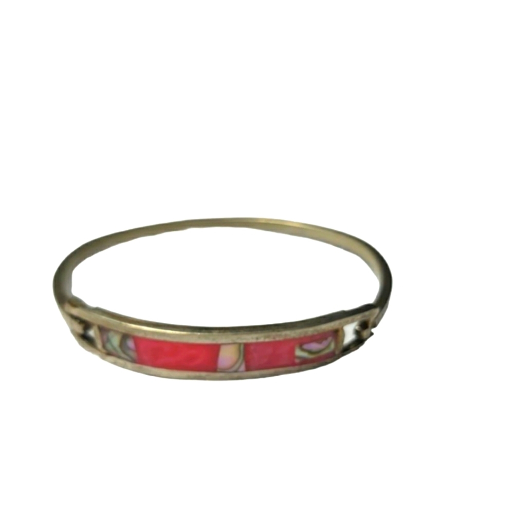 Vintage pink abalone stones bracelet 925 mexican silver bangle
